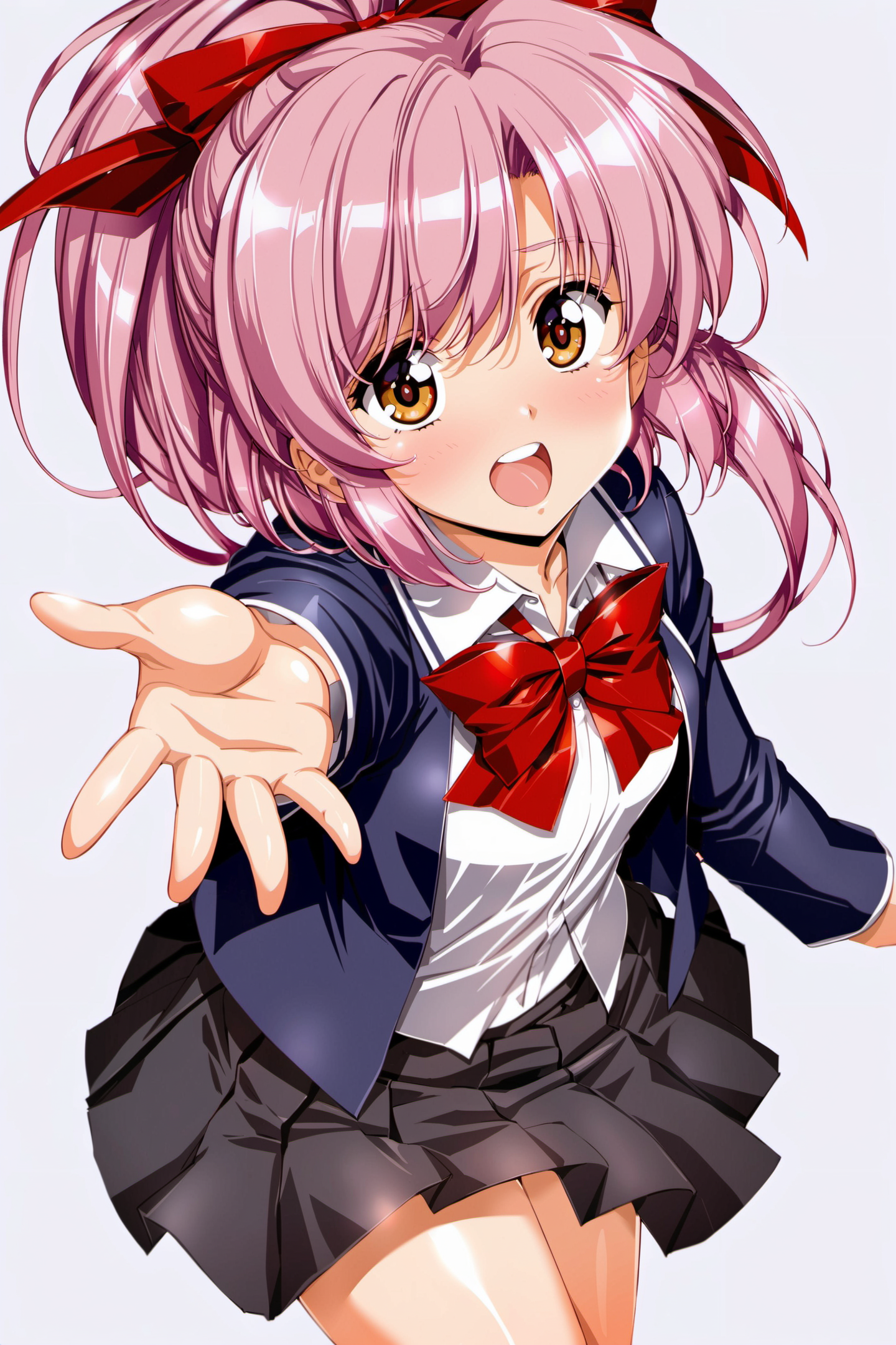 21902-4254713765-1girl, solo, pink hair, outstretched hand, ribbon, open mouth, school uniform, bow, hair ribbon, outstretched arm, brown eyes, s.png